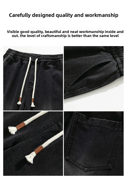 Jeans men's American high street vintage washed crease splicing men's spring and fall models loose straight pants