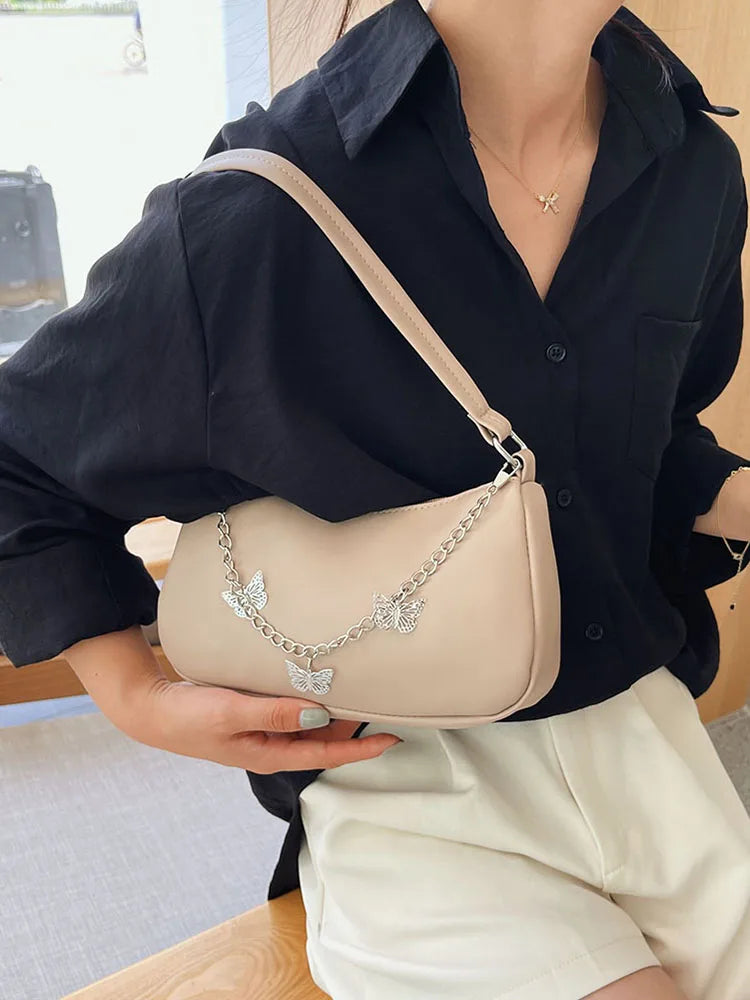 Stylish Butterfly Chain Shoulder Shopping Bags Women Small Pure Color Handbags Daily PU Leather Underarm Bags