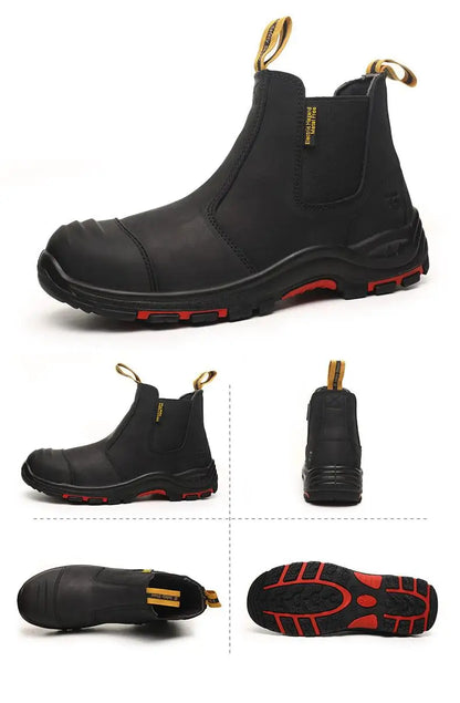 Luxury High-top Men's Safety Shoes Cowhide Boots  Lace Free Steel Toe Anti Impact Anti Puncture Wear Resistant Plus Size Shoes