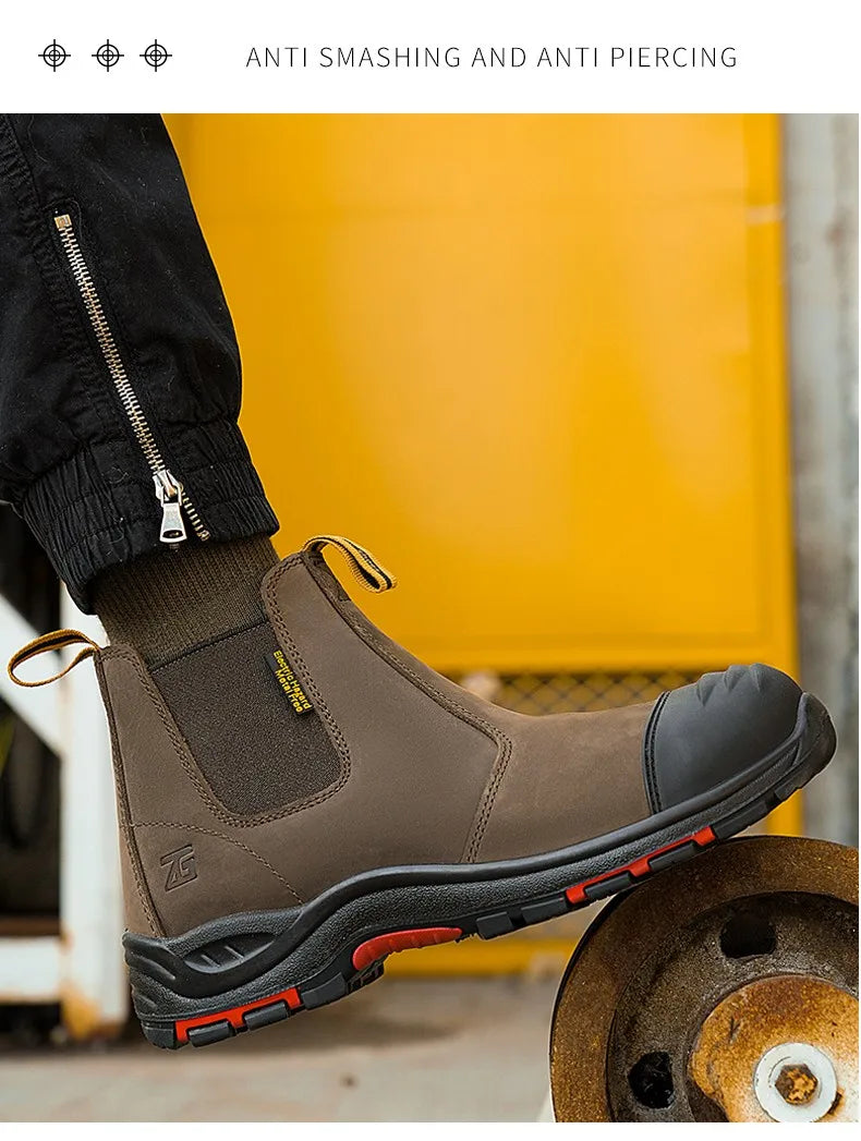 Luxury High-top Men's Safety Shoes Cowhide Boots  Lace Free Steel Toe Anti Impact Anti Puncture Wear Resistant Plus Size Shoes