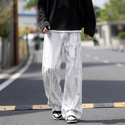 Jeans Mens Classic Straight Leg Jeans White Tie Dye Denim Pants Unisex Fashion Casual Trousers Streetwear Hip Hop Style Washed