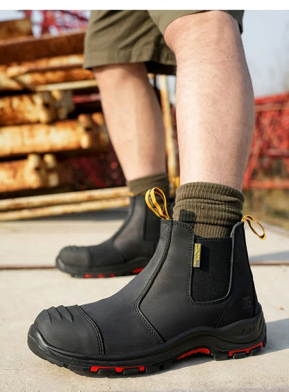 Luxury High-top Men's Safety Shoes Cowhide Boots  Lace Free Steel Toe Anti Impact Anti Puncture Wear Resistant Plus Size Shoes