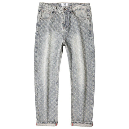 2025 Jacquard Full Print High Street Trendy Brand Ins Design Sense Jeans Loose Straight Tube Washed Wide Leg Long Pants