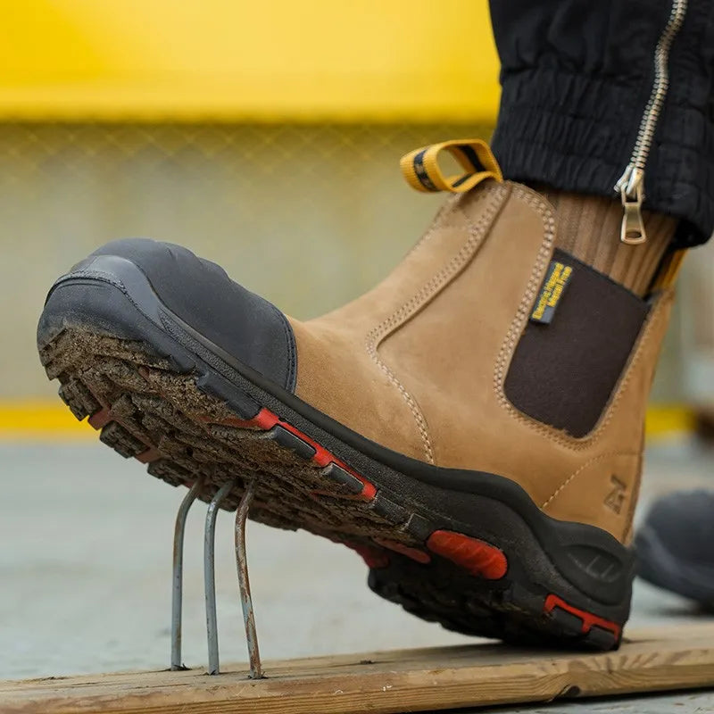 Luxury High-top Men's Safety Shoes Cowhide Boots  Lace Free Steel Toe Anti Impact Anti Puncture Wear Resistant Plus Size Shoes