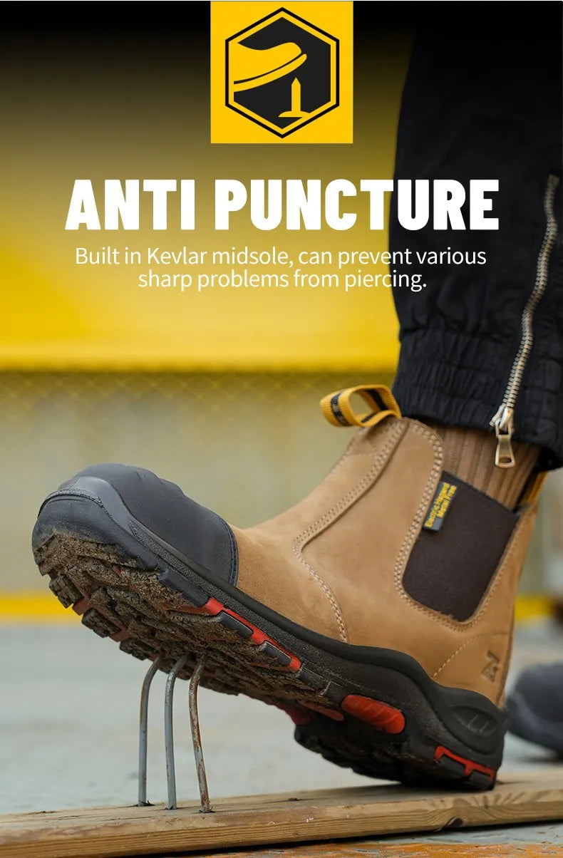 Luxury High-top Men's Safety Shoes Cowhide Boots  Lace Free Steel Toe Anti Impact Anti Puncture Wear Resistant Plus Size Shoes