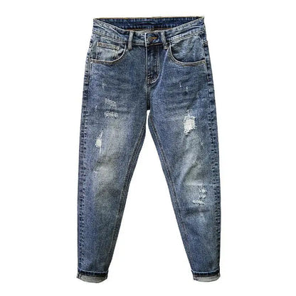 Jeans Ripped Trendy High Street Men's Long Pants Men's Brand Knees 2025 New Spring Autumn Slim Feet Streetwear Men Blue Jeans