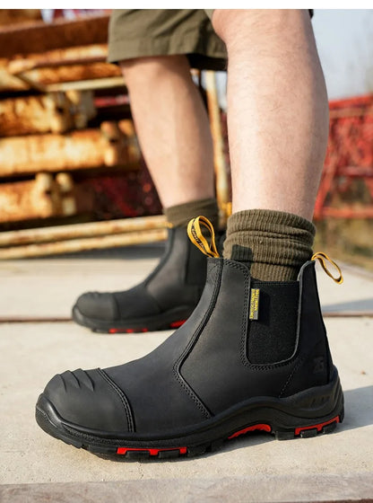 Luxury High-top Men's Safety Shoes Cowhide Boots  Lace Free Steel Toe Anti Impact Anti Puncture Wear Resistant Plus Size Shoes