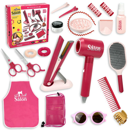 Girls Beauty Hair Salon Toy Kit Play Makeup Set with Blow Dryer Barber Costume Apron for 3+ Years Old Girl Birthday Gifts