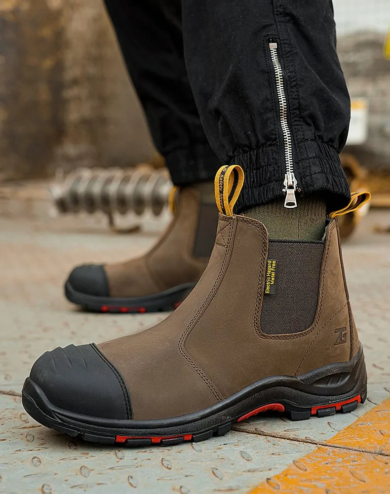 Luxury High-top Men's Safety Shoes Cowhide Boots  Lace Free Steel Toe Anti Impact Anti Puncture Wear Resistant Plus Size Shoes