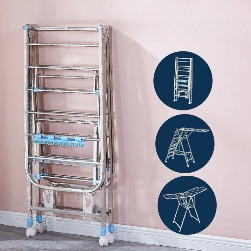 Stand Folding Clothes Drying Rack Stainless Steel Clothes Horse Space Saving Laundry Rack Comforter Clothing Racks with Wheels