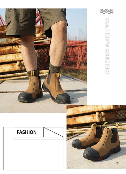 Luxury High-top Men's Safety Shoes Cowhide Boots  Lace Free Steel Toe Anti Impact Anti Puncture Wear Resistant Plus Size Shoes