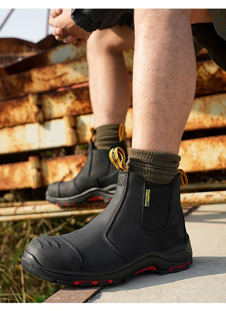 Luxury High-top Men's Safety Shoes Cowhide Boots  Lace Free Steel Toe Anti Impact Anti Puncture Wear Resistant Plus Size Shoes