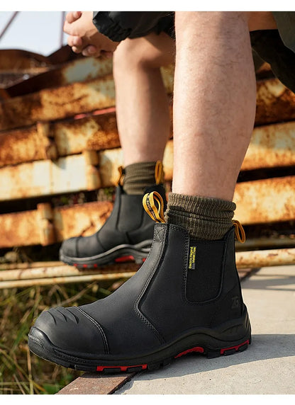 Luxury High-top Men's Safety Shoes Cowhide Boots  Lace Free Steel Toe Anti Impact Anti Puncture Wear Resistant Plus Size Shoes