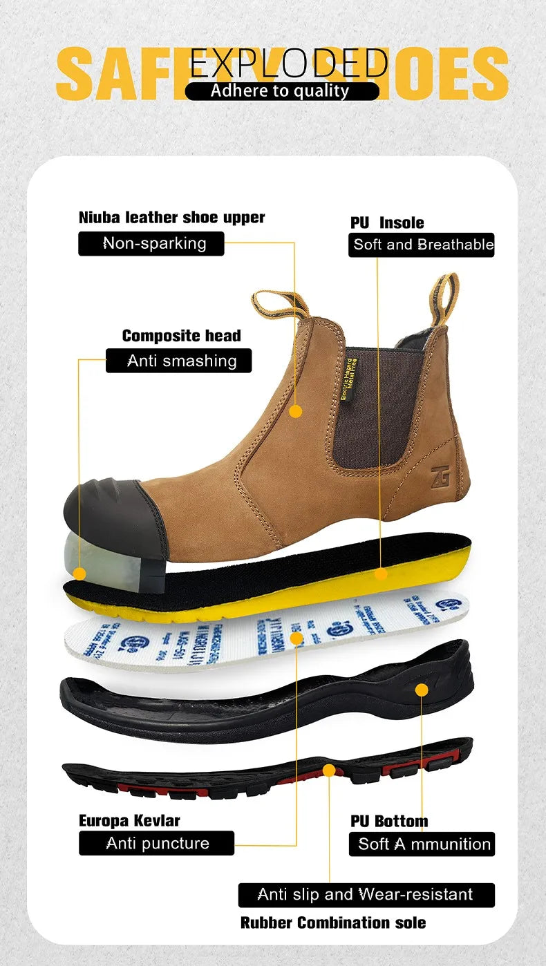 Luxury High-top Men's Safety Shoes Cowhide Boots  Lace Free Steel Toe Anti Impact Anti Puncture Wear Resistant Plus Size Shoes