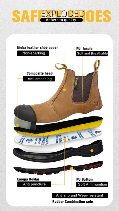 Luxury High-top Men's Safety Shoes Cowhide Boots  Lace Free Steel Toe Anti Impact Anti Puncture Wear Resistant Plus Size Shoes