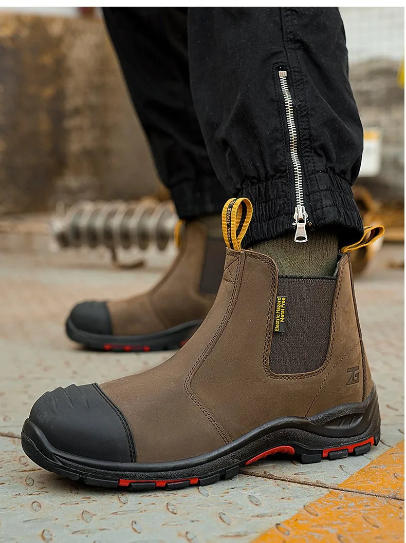 Luxury High-top Men's Safety Shoes Cowhide Boots  Lace Free Steel Toe Anti Impact Anti Puncture Wear Resistant Plus Size Shoes