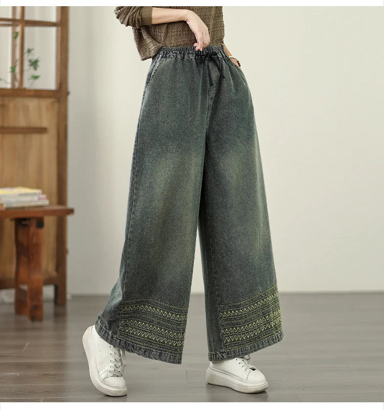 Jeans Women 2025 Autumn New Jeans Retro Heavy Industry Embroidery Ethnic Style Elastic Waist Casual Oversized Wide Leg Pants