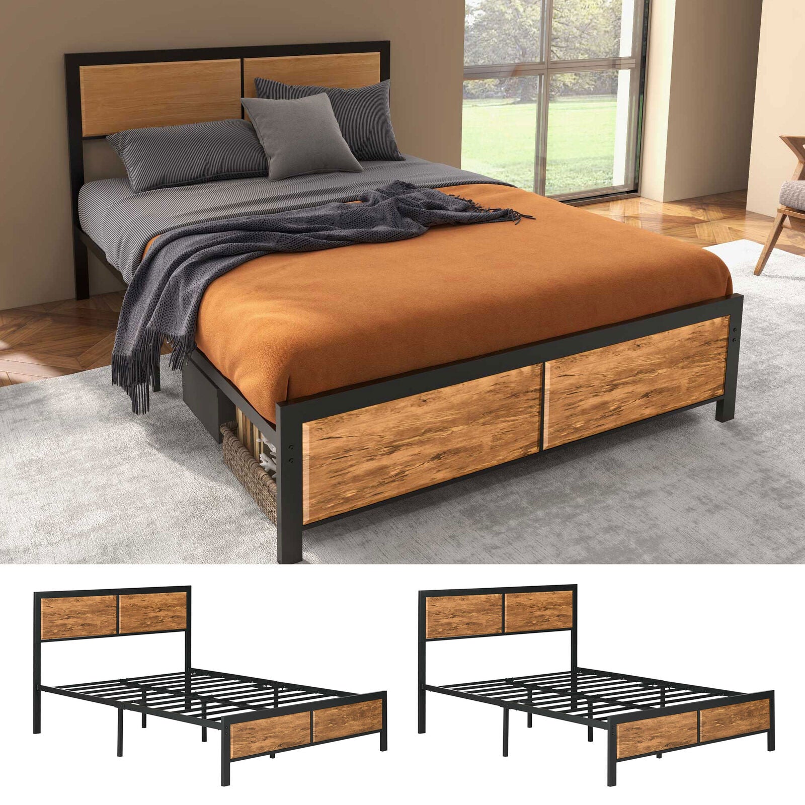 Bed Frame with Footboard and under Bed Storage Brown