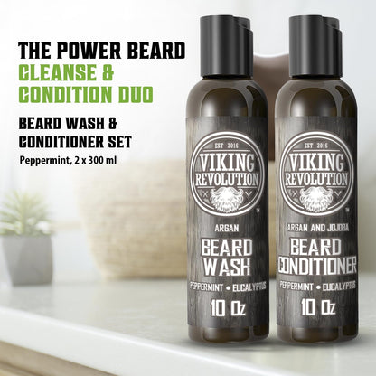 - Beard Shampoo and Conditioner - Natural Beard Wash & Beard Conditioner with Argan & Jojoba Oils - Softens & Strengthens - Gifts for Men - Peppermint & Eucalyptus - 2 X 300 Ml