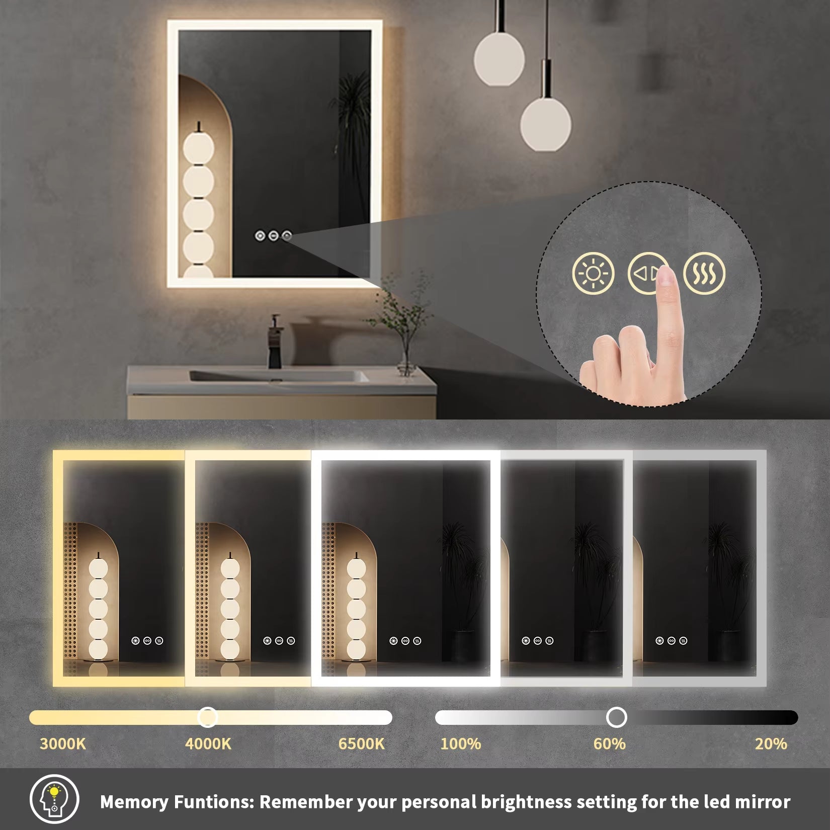 16X20 Inch LED Lighted Bathroom Mirror with Anti-Fog, Wall Mounted Vanity Mirror with Smart Touch Button, Memory Function